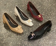 Giày cao gót 5 phân & 7 phân gót vuông xi bóng phối nơ thời trang - G5002XNOSAT