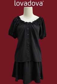 Set áo sơ mi chân váy màu đen phối belt vải linen xốp Lovadova HO0403