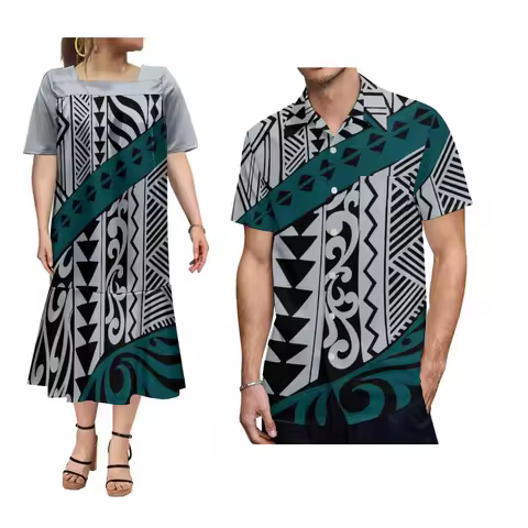 Mumu Ladies Puffy Sleeve Dress Micronesian Fluffy Long Skirt And Men'S Aloha Shirt Polynesian Party 