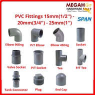 PVC Fittings 15MM/ 20MM/ 25MM - Socket-Elbow-P/T elbow-Tee-P/T Tee-P/T Socket-Valve Socket-Plug-End Cap-Tank Connector