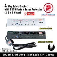 4 Way Extension Safety Socket with 2 USB Ports & Surge Protector