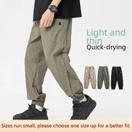 Men's Green Fashionable Cargo Pants Summer Ankle-tied Long Trousers Thin Workwear Pants Casual Cotton Slim Fit