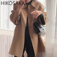 Solid Warm Woolen Coat Korean Autumn Winter Elegant Turn-down Collar Single Breasted Midi Length Jac