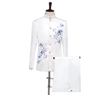 2PCS Mens Chinese Suit Set Slim Stage Youth Zhongshan Dress White Embroidered Stand Up Collar Perfor