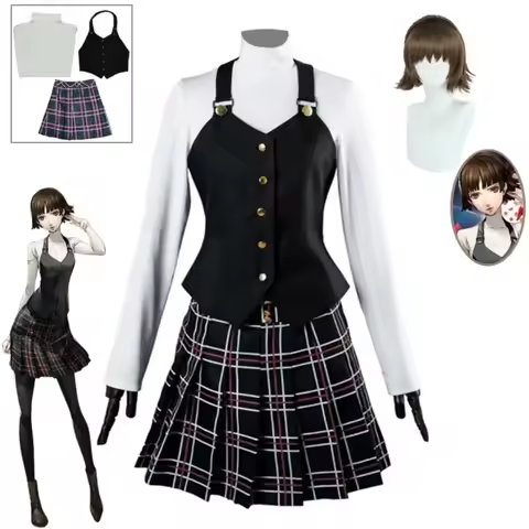 Kostum Cosplay Anime P5/Persona Makoto Niijima Printed Short Skirt Knitted Top School Uniform Hallow