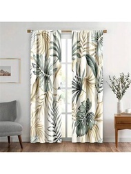 2入組棕櫚葉窗簾,椰子綠植水彩印花,新鮮自然圖案,掛杆設計,適用於廚房、客廳裝飾