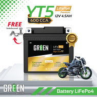 พรีเมี่ยม LiFePO4 YT5 12V 4.5Ah GreenBattery ลิเธียมฟอสเฟต ปลอดภัย เบา แบตเตอรี่มอเตอร์ไซค์ เทียบรุ่
