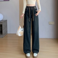 Thickened Silver Fox Fleece Wide Leg Jeans Womens Autumn Winter High Waist Straight Cut Elastic Wais