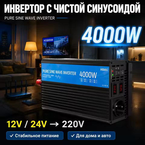 HOULI Инвертор 12V 220V 3000W 4000W Чистый Синус 12V to 220V Pure Sine Wave Inverter DC AC Converter