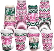 Whaline Christmas Disposable Coffee Cups Xmas Pink Green Ugly Sweater Paper Cups with Lids 16 Oz To 