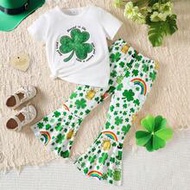 2pcs/Set Girls Toddler St. Patrick's Day Outfit, Includes English Letter, Clover, Leprechaun, Rainbo