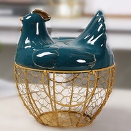 ♞Large Stainless Steel Mesh Wire Egg Storage Basket with Ceramic Farm Chicken Top and Handles