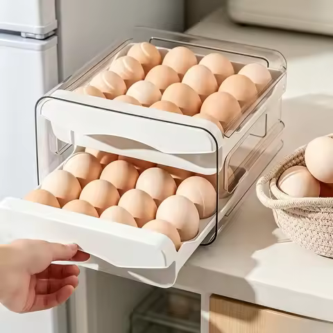 2-Layer Drawer Style Egg Storage Box, Large Capacity Plastic Refrigerator Organizer to Keep Eggs Fre