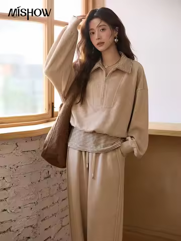 MISHOW Woman Pants Set 2025 Winter Casual Retro Sweatshirt Set Striped Lapel Half-Zip Sweatshirt Wid
