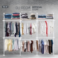 OUROOM  ราวแขวนเสื้อ ราวแขวนผ้า ราวแขวนไม่ต้องเจาะ 4 เสา 6 ราวแขวน 3 ชั้นวางไม้ (OU-34) ใช้แทนตู้เสื