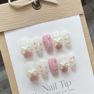 [HANDMADE]Artificial Nail Princess Sweetheart Pink Bow Miss Hand Painted Heart Phototpy Nails Reusable and Removable Nails