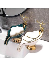 1入葉子形狀陶瓷肥皂盤-自排水肥皂架，適用於浴室和水槽存儲-時尚家居裝飾