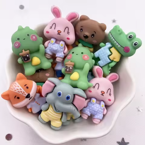 Hand Painted Resin Kawaii Colorful Rabbit Elephant Fox Bear Dinosaur Flatback Stone Figurine 12PCS S