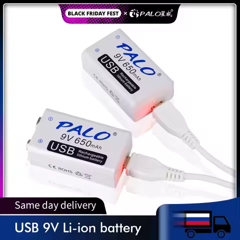 PALO 2-16pcs 9V 6F22 USB lithium Rechargeable Battery 9 volt 650mAh li-ion li ion liion smart fast c