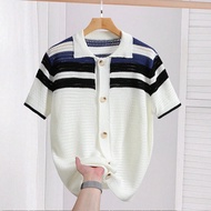 Men's Striped Short Sleeve Single-Breasted Hollow-Out Knit Top Mens Crochet Shirt Greece Vacation Ou