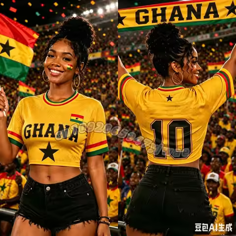 26 Summer 2026 Women Kid Ghana FLAG Print Football Fans Jersey Round Neck Short Sleeve Jersey Cheerl