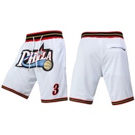 Men's Basketball Shorts 76ers 3 White, Vintage Mesh Embroidered Zip Pockets Sports Shorts