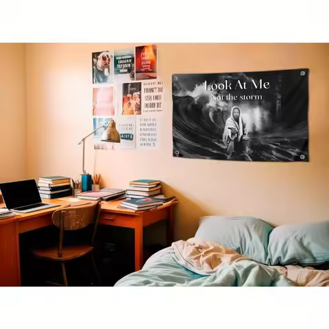 Funny Jesus Polyester Flag "Look At Me Not The Storm" - Meme Banner Tapestry for College Dorm & Bedr