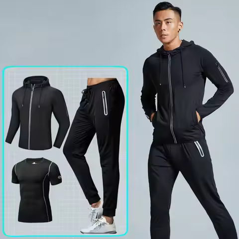 3-Pcs Men's Camping Outfit with Jacket Short Sleeve Top Long Pants Breathable Sweat-Wicking Fitness 