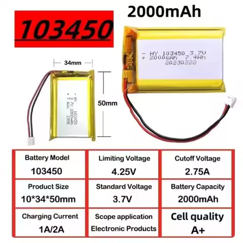 3.7V 2000mAh 103450 Li-Po Battery JST PH 2.0 2Pin For Camera GPS MP5 Bluetooth Headset