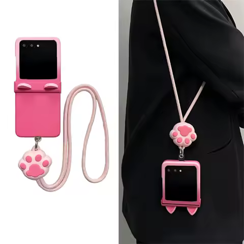 Cute Cat Ears Gradient Pink Phone Case with Necklace Strap for Motorola Razr50 Razr 50 Ultra 70ultra
