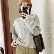 Autumn Korean Style Wear Lazy Style Top Gray Curled Half Button Design Long-Sleeved T-Shirt Women (0