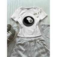 Women's Casual Pool 8 Ball Print Cropped Round Neck Short Sleeve T-Shirt