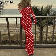 ชุดเดรสผู้หญิง VONDA แฟชั่นลายจุดชุดเดรสยาว Sundress แขนเปิดไหล่ยาวสำหรับงานปาร์ตี้พรหม