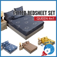 Premium Cotton 4in1 Queen / 2in1 Single Size Fitted Bedsheet Sets Cadar Getah Keliling Sarung Tilam 