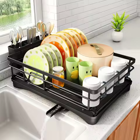 XL Dish Rack w/ Cutlery Holder & Auto-Drain. Fits Over Sink, Holds 10 Plates, 6 Bowls. Space-Saving 