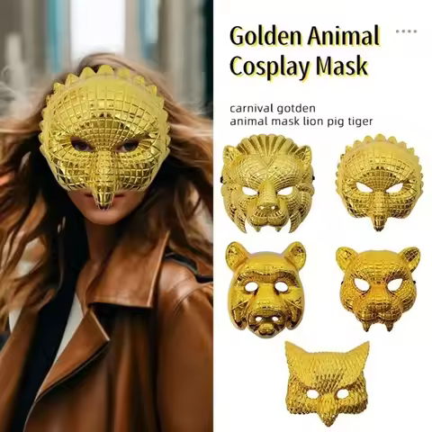 Animal Leopard Face Cover Plastic Adjustable Party Ball Mask Golden with Elastic Bands Costume Cospl