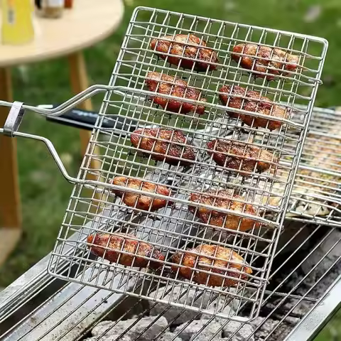 Large BBQ Grill Basket, Rectangular Metal Grid - for Fish,Chicken Wings,Steak,Shrimp,Veg - Outdoor C
