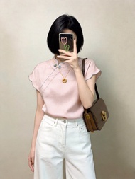 QFN | เสื้อเบลาส์แขนสั้น คอจีน ปุ่มกระดุม สีชมพู