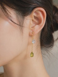 CORAROSA 天然水晶垂墜耳環 海水藍寶石 橄欖石