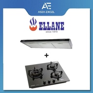 ELLANE 90CM SLIMLINE HOOD WITH BLACK PANEL [EH-9180/EH-9280] + ELLANE WG-248SV 3 BURNER GLASS GAS HO