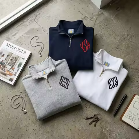 Y2K Navy Blue Quarter Zip Sweatshirt USA Embroidered American Flag Patch Jacket Men Women Vintage St