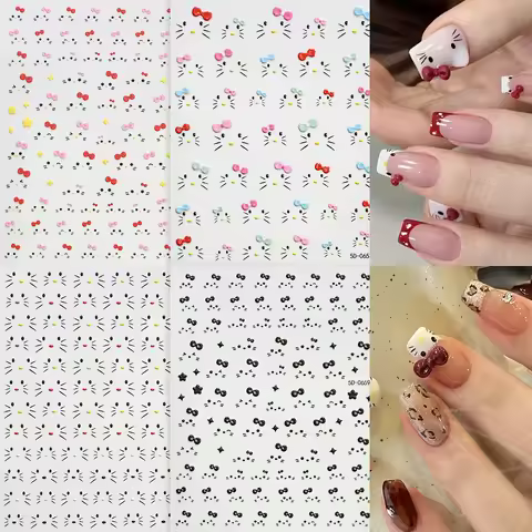 4pcs/set Hello Kitty Beard Face Cute Nail Stickers For Girls Hello Kitty Smile Wink Expression Nail 