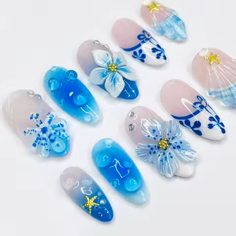 XS/S/M Blue Lily Bubble Fake Nails Full Cover Almond Oceanic Starfish&Jelly Shell Charms False Nails