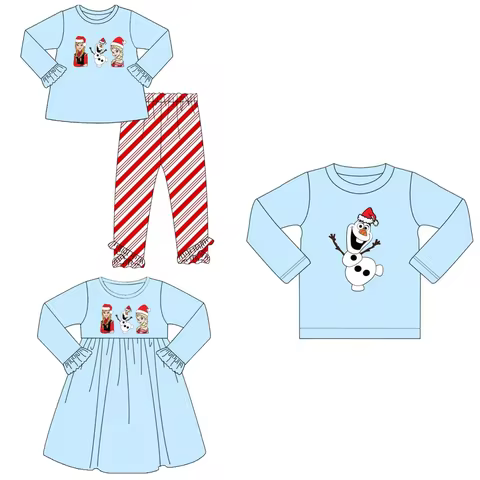 Christmas 3-piece boutique children's suit long-sleeved lace snowman print trousers striped print gi
