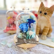 永生花玫瑰鑽石頂玻璃瓶 (氣質藍色) 日本花材