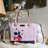 Kate Spade Classic Medium Dawn Satchel Two Zip and Tab Closure Nylon Bag - Light Pink with Minnie Mouse Print Women's Tote Bag with Sling