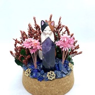 靜謐森林-三毛貓與紫水晶柱-水晶公仔乾燥花擺設