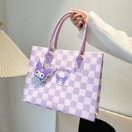 （34*27*11CM）Tuition Bag Kulomi Melody ลายการ์ตูนน่ารักลายตารางขนาดใหญ่พิมพ์ลายกระเป๋าเก็บของกระเป๋าส