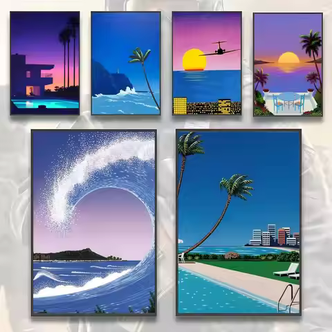 Hiroshi Nagai Vaporwave Japan Beach Painting Calligraphy HD Canvas Poster living room bedroom bar ae