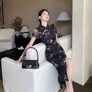 Real Shot Video Retro Styled Cheongsam Gauze Print Split Midi Dress